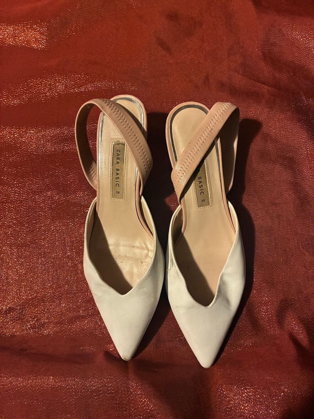 Zara Basic Heels Womens 38 Pink White Pointed Toe Slingback Low Heel Dress